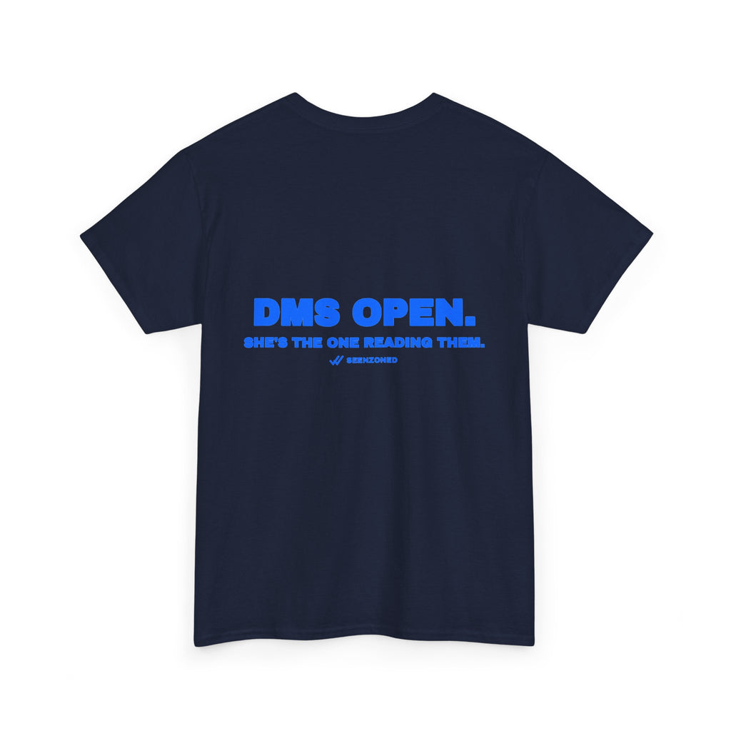 DMs open. She's the one reading them. Tee · Royal (dark)