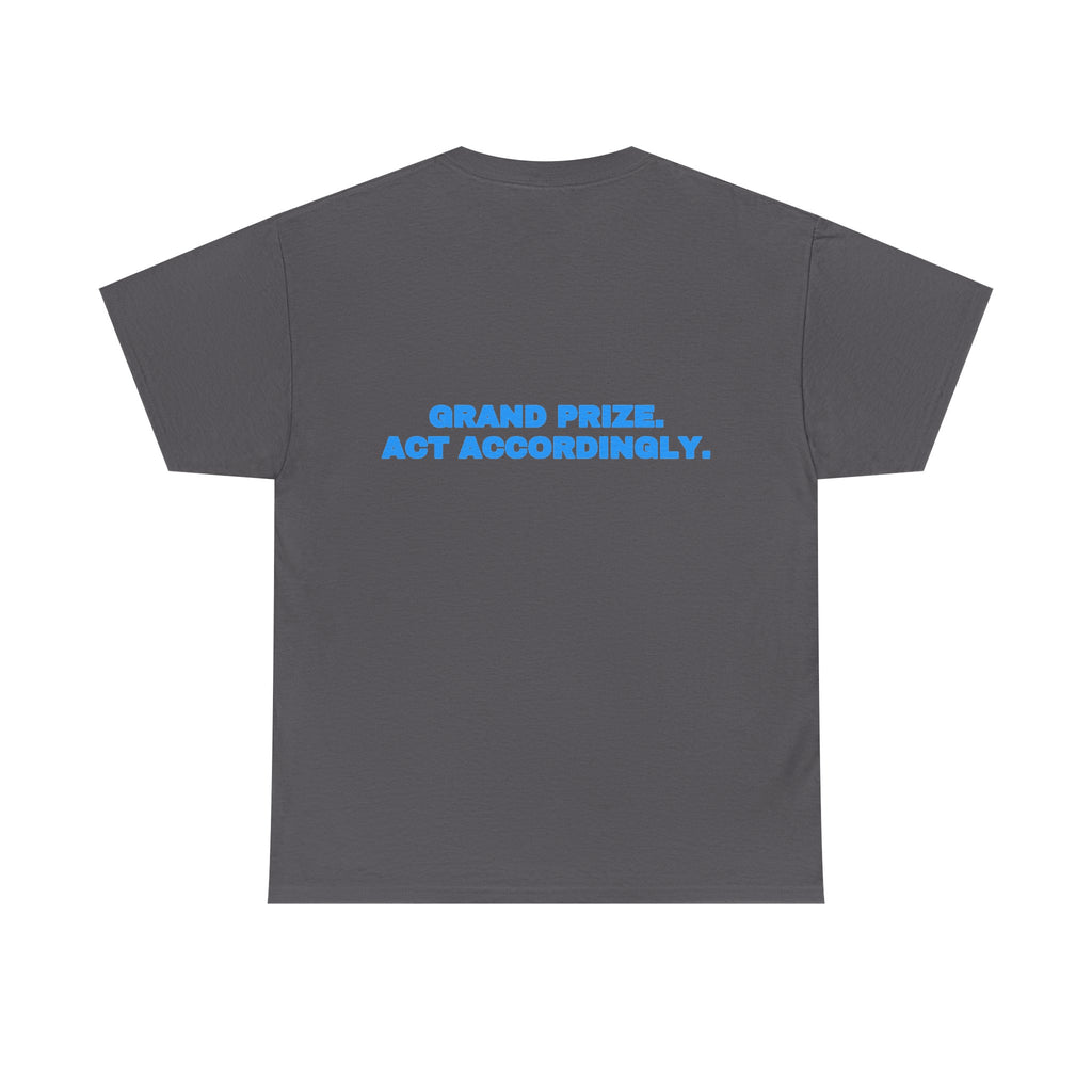 Grand prize. Act accordingly. Tee · Sky (dark)