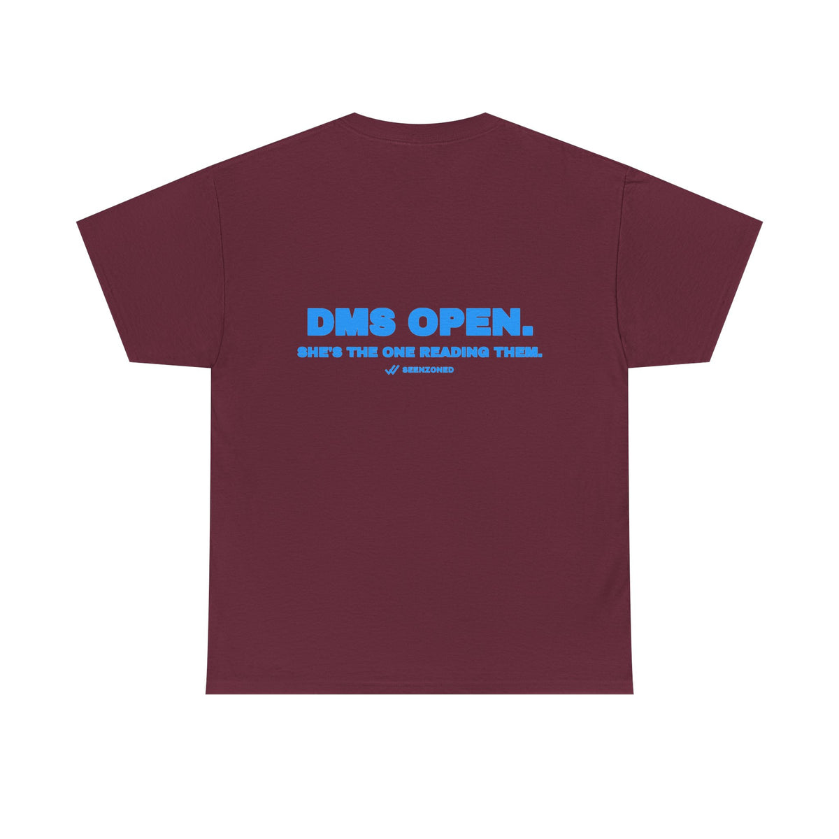 DMs open. She's the one reading them. Tee · Sky (dark)