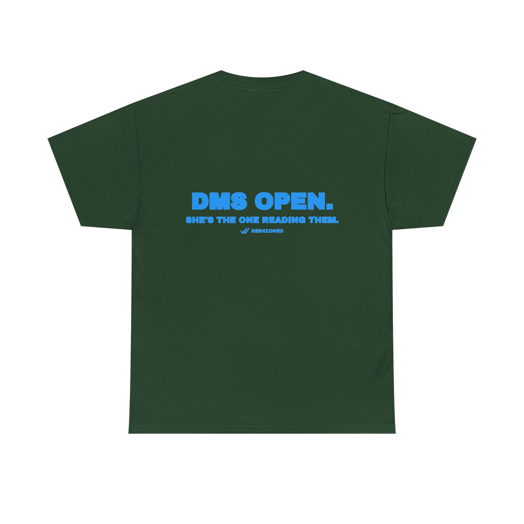 DMs open. She's the one reading them. Tee · Sky (dark)